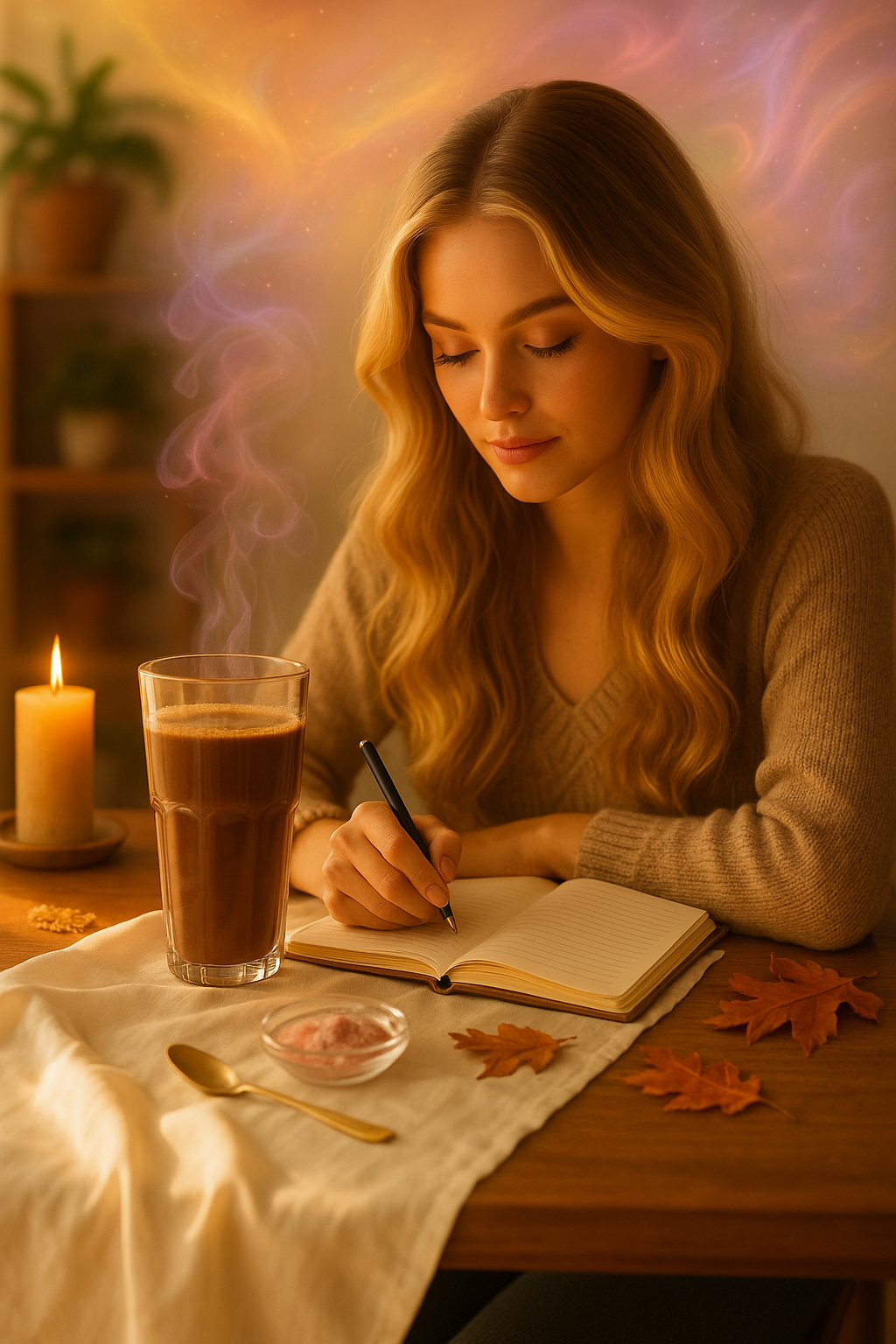 Editorial photo of a woman journaling at golden hour with a tall glass of steaming cacao, soft cosmic swirls in the steam and cozy boho textures.